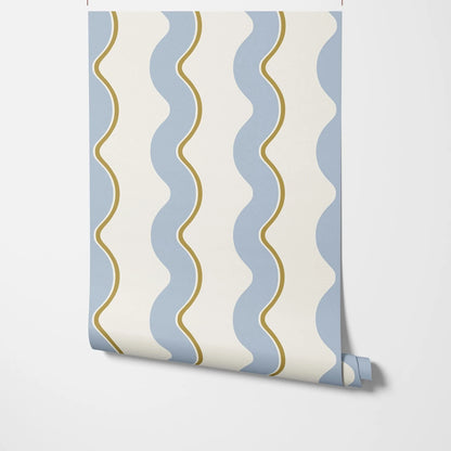 Retro Wavy Lines Regular Wallpaper in Blue, Brown and Beige, Bold Stripes Wall Cover, Funky Temporary Accent Traditional Paper