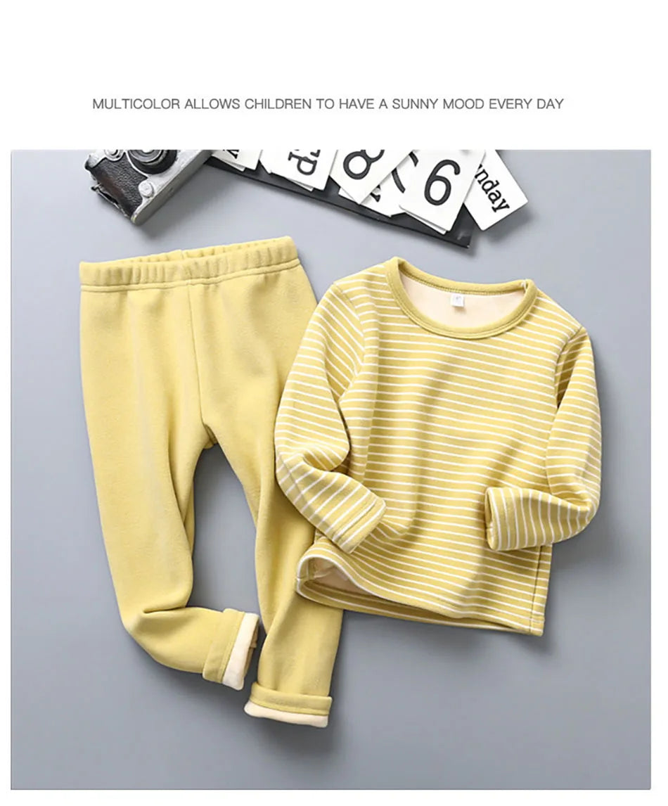 Extra Warm Plush Lined Children Striped Homewear Sleepwear Autumn and Winter Pajama Sets Suitable Kids Comfortable and Style