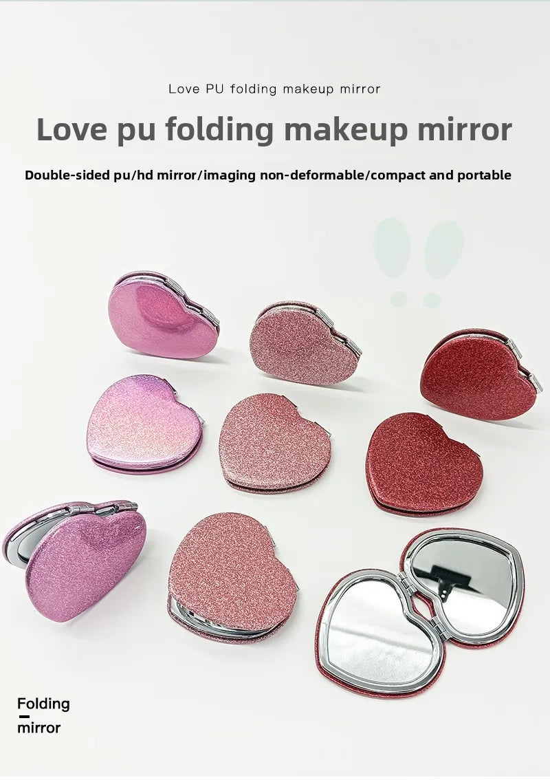 1PC Heart Shape Loose Powder Double Sided Makeup Mirror Portable For Girlfriend Mum Wife Teacher Sister Auntie Birthday Wedding