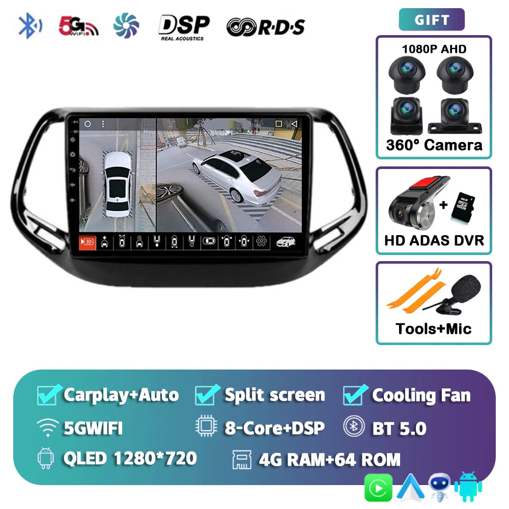 Android 15 Car Radio Multimedia Player For Jeep Compass 2017 2018 2019 Auto Carplay Car Stereo DSP wifi+4G Ai voice 2 Din BT Gps