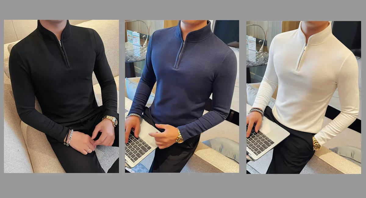 Men's Half Zipper Long Sleeved T-shirt Autumn Winter New Pure Color Thicken Slim Fit Elastic Fashionable Versatile T-Shirt