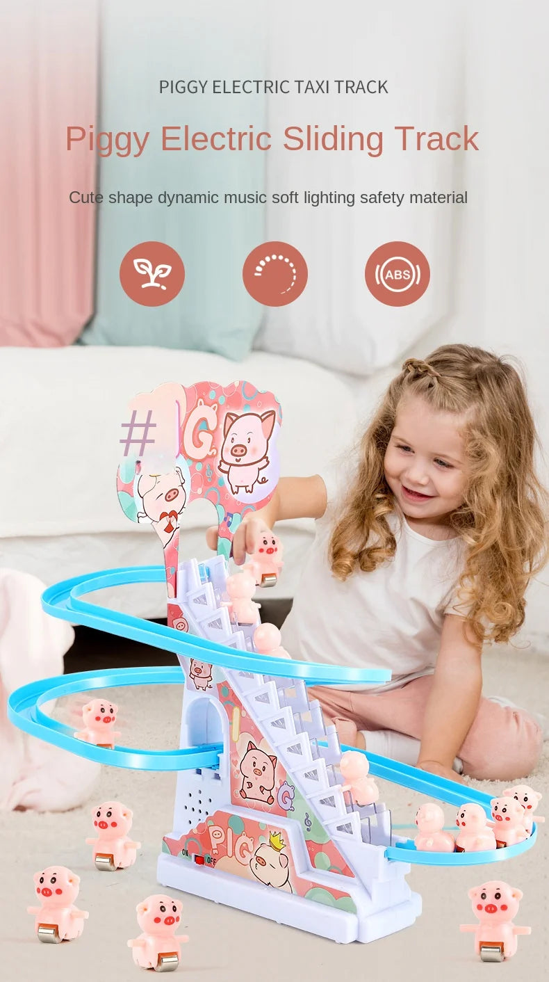 Electric Duck Track Rail Racing Slide Duckling Climbing Stairs Baby Toy LED Lights Musical Slide Roller Coaster Toys for Gift