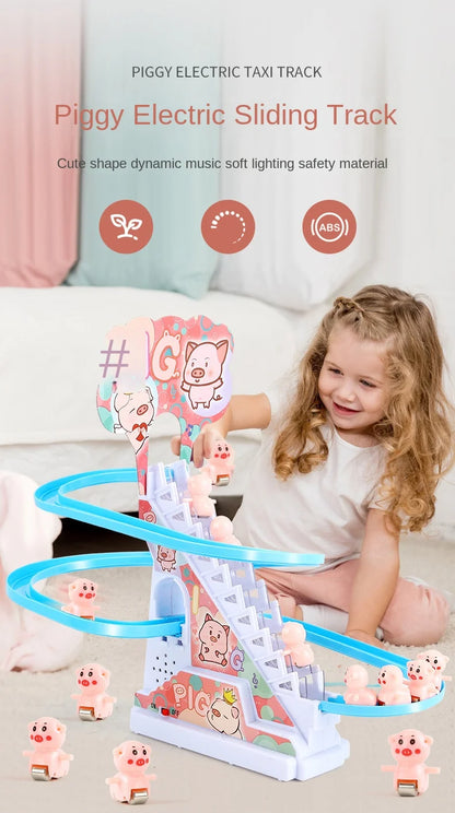 Electric Duck Track Rail Racing Slide Duckling Climbing Stairs Baby Toy LED Lights Musical Slide Roller Coaster Toys for Gift