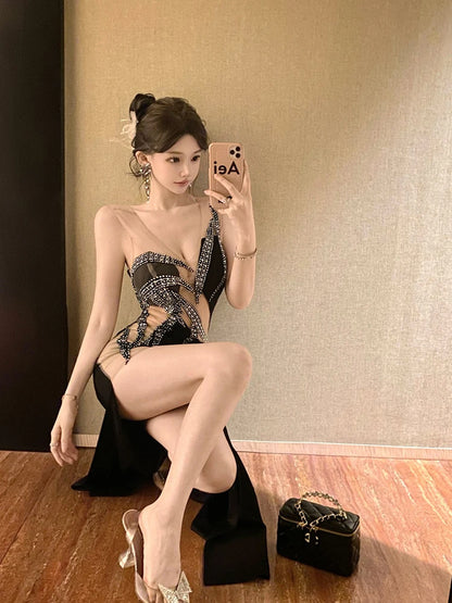 European and American style women exposed legs high fork slimming dress long skirt High end temperament socialite dress