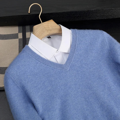 Autumn/Winter New Men's 100% Cashmere Pullover Business Casual Solid Knitted Sweater Loose V-neck Tops Basic Thick Warm Jumper