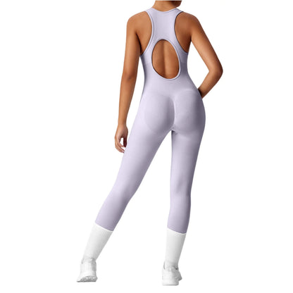 Women's Fashionable Solid Color Round Neck Tight Back Yoga Suit Yoga Jumpsuit Sports Overalls Gym Clothing Set Sexy Yoga Clothes