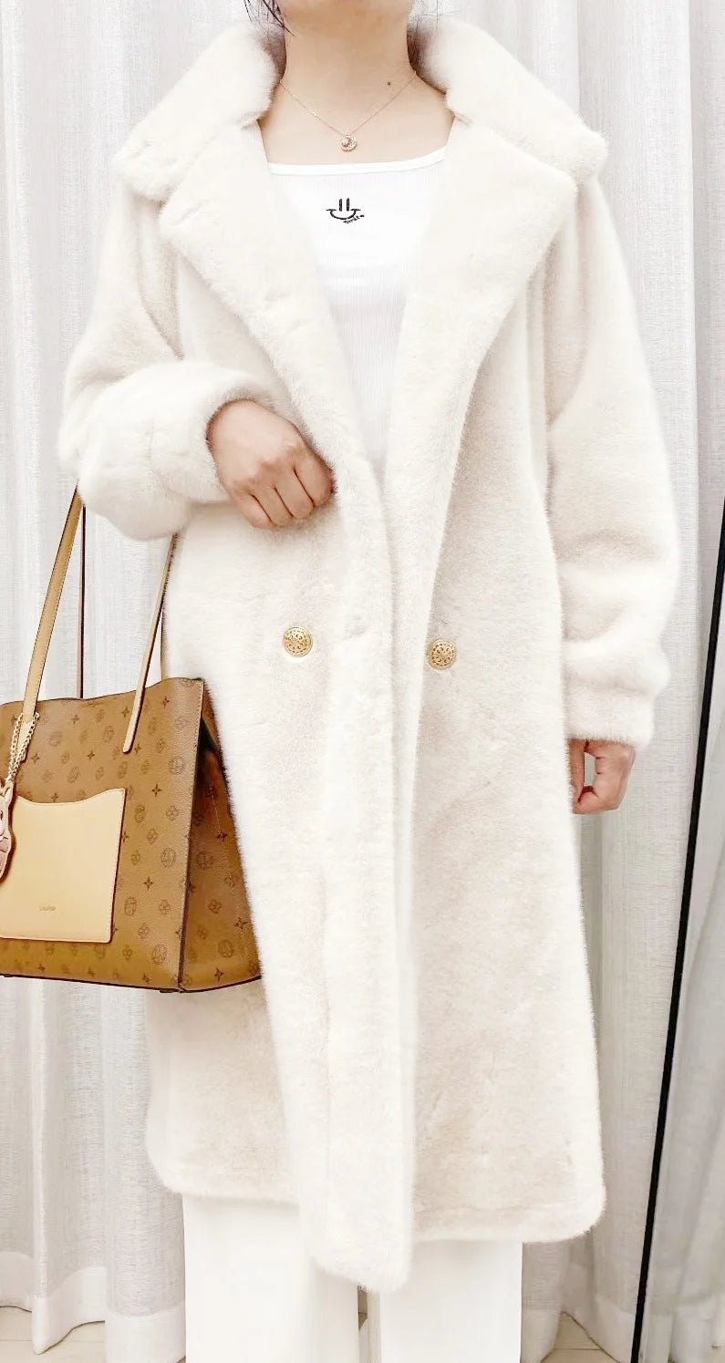 Faux fur coat long coat women's lapel double-breasted loose warm high-end atmospheric coat jacket 24 autumn and winter new