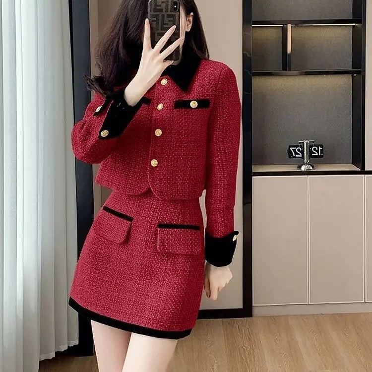 2025 Luxe Tweed Set Women Fall Winter Tailored Jacket  Pencil Skirt Lace Trim