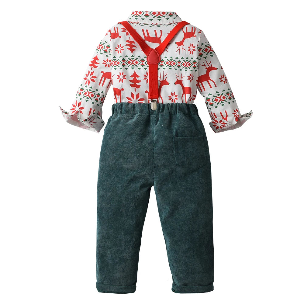 Boys' Christmas Print Set Children Boutique Clothing Suit 1-6 Years Baby Infant Green Corduroy Pants Outfit Festival Costume