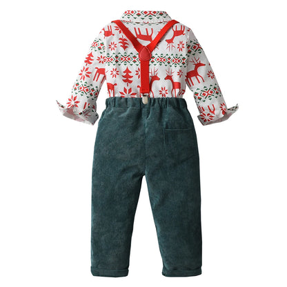 Boys' Christmas Print Set Children Boutique Clothing Suit 1-6 Years Baby Infant Green Corduroy Pants Outfit Festival Costume