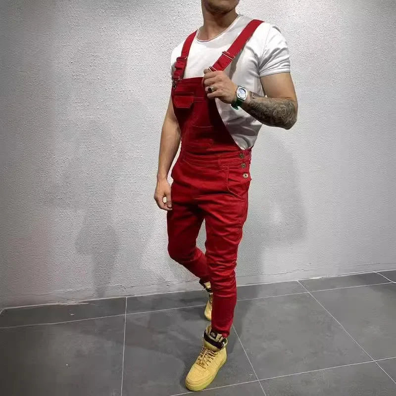 Men's Tie Dye Denim Overalls, Fashionable Slim Fit and Slimming Pants, Solid Color New Style Mens Jeans