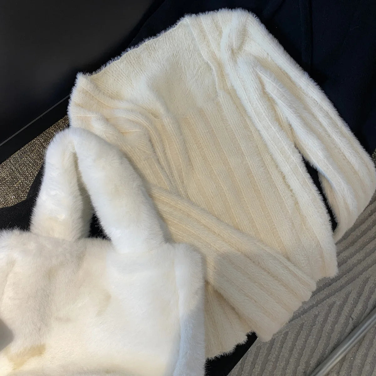 Mink Sweater Women's Autumn and Winter Inner Top French Niche Square Neck Short Soft Sticky Long Sleeves Top Bottom Knit Sweater