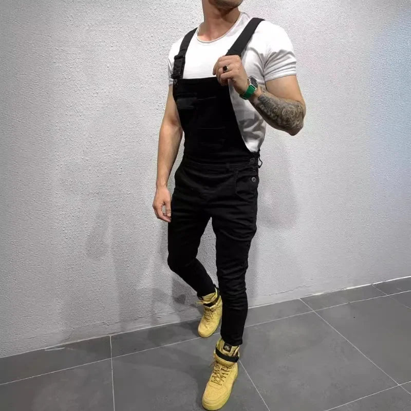 Men's Tie Dye Denim Overalls, Fashionable Slim Fit and Slimming Pants, Solid Color New Style Mens Jeans