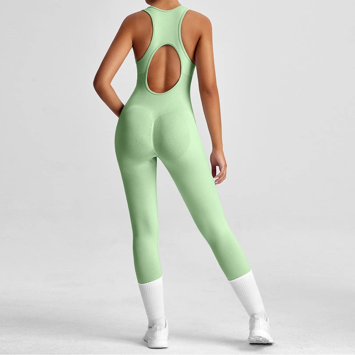 Women's Fashionable Solid Color Round Neck Tight Back Yoga Suit Yoga Jumpsuit Sports Overalls Gym Clothing Set Sexy Yoga Clothes