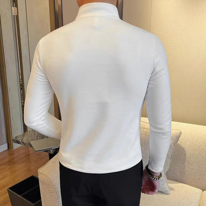 Men's Half Zipper Long Sleeved T-shirt Autumn Winter New Pure Color Thicken Slim Fit Elastic Fashionable Versatile T-Shirt