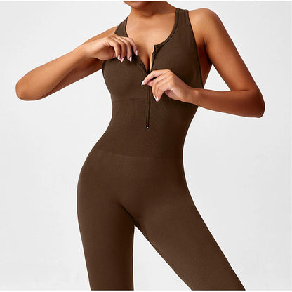 Women's Fashionable Solid Color Round Neck Tight Back Yoga Suit Yoga Jumpsuit Sports Overalls Gym Clothing Set Sexy Yoga Clothes
