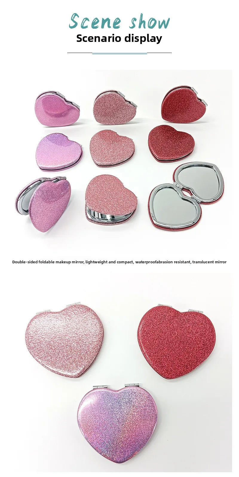 1PC Heart Shape Loose Powder Double Sided Makeup Mirror Portable For Girlfriend Mum Wife Teacher Sister Auntie Birthday Wedding