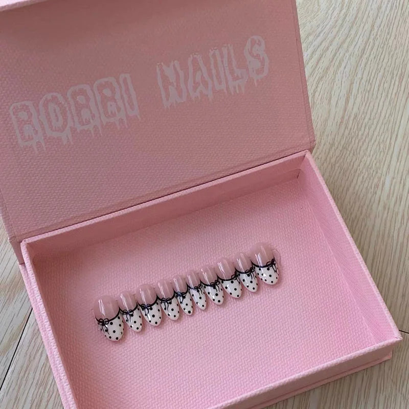 10PCS Design Handmade Press on Nails Full Cover Acrylic Fake Nails Medium-length Oval Reusable Artificial French Elegant Nails