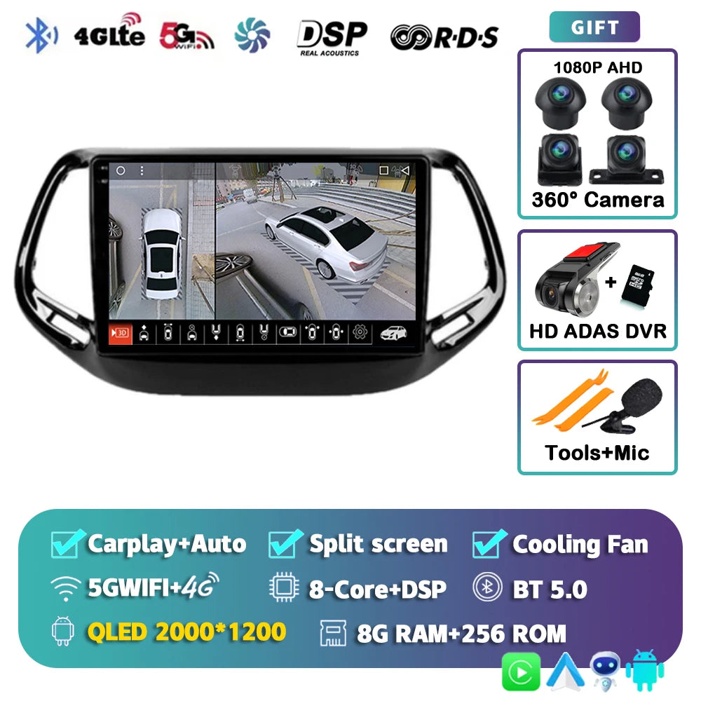 Android 15 Car Radio Multimedia Player For Jeep Compass 2017 2018 2019 Auto Carplay Car Stereo DSP wifi+4G Ai voice 2 Din BT Gps