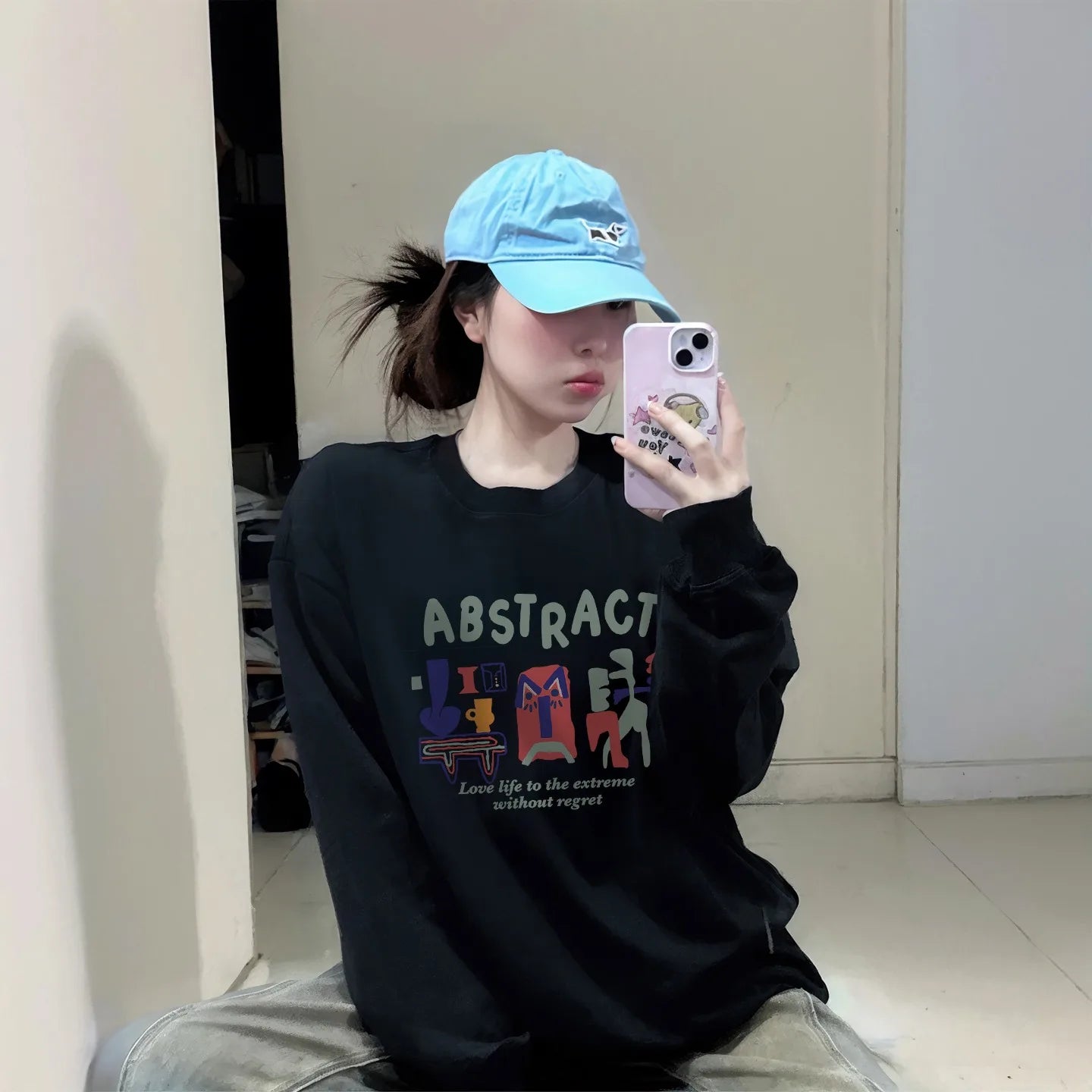 American Abstract Print T-shirt Women Autumn 2025 New 100% Cotton White Long sleeve T-shirt Loose Casual Y2k Top Female clothing