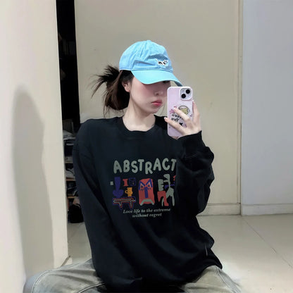 American Abstract Print T-shirt Women Autumn 2025 New 100% Cotton White Long sleeve T-shirt Loose Casual Y2k Top Female clothing