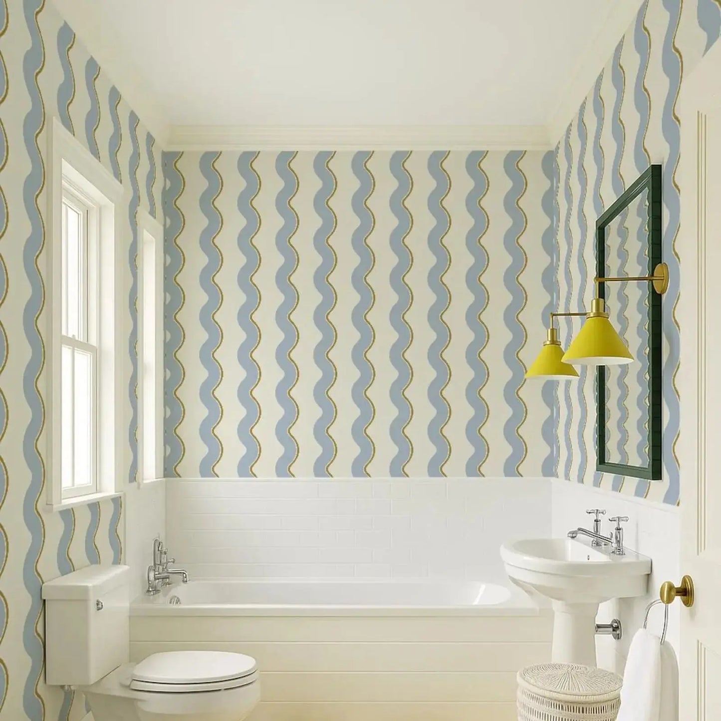 Retro Wavy Lines Regular Wallpaper in Blue, Brown and Beige, Bold Stripes Wall Cover, Funky Temporary Accent Traditional Paper