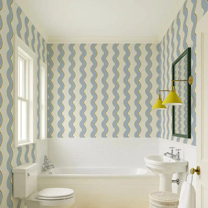 Retro Wavy Lines Regular Wallpaper in Blue, Brown and Beige, Bold Stripes Wall Cover, Funky Temporary Accent Traditional Paper