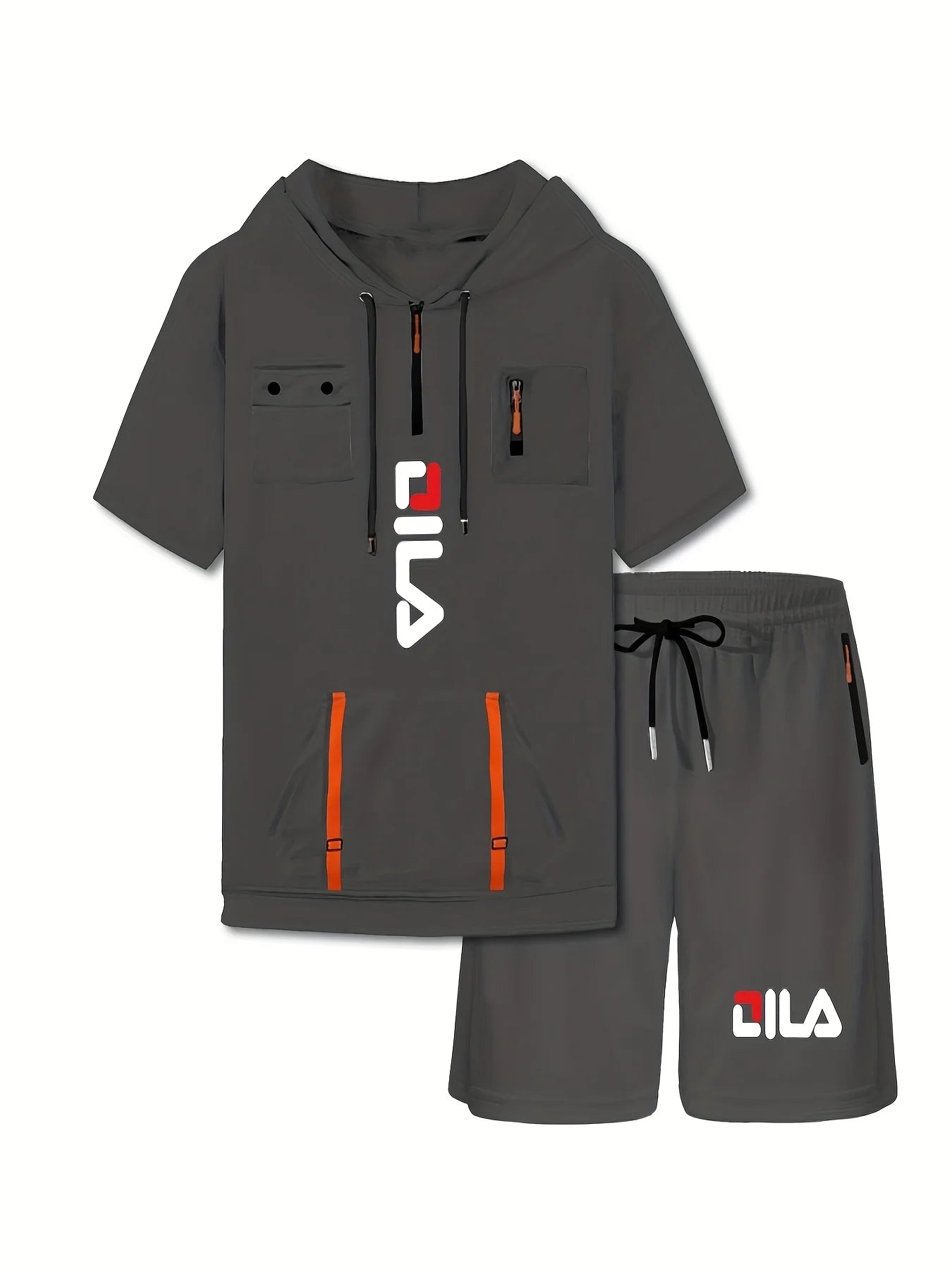 Summer Print Men's 2-piece Set Hooded Streamer Pocket Short Sleeve and Trouble Shorts Comfortable Loose T-Shirt Short Sleeve Set