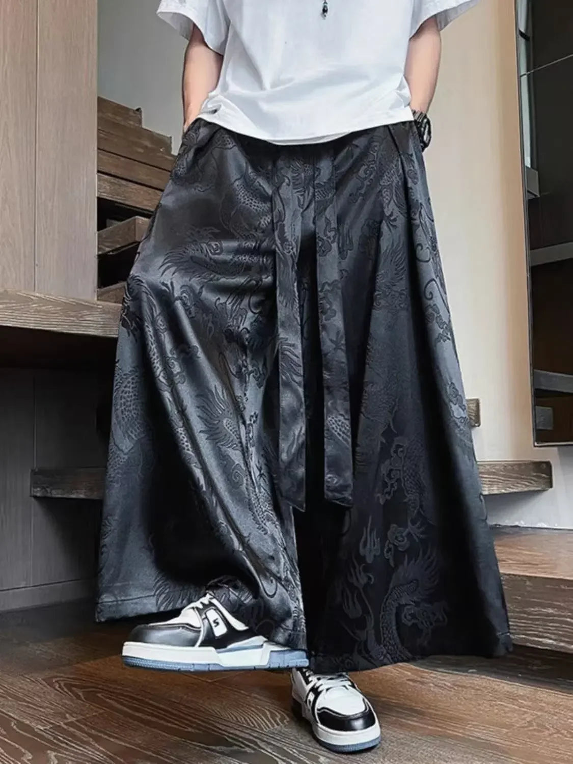 Dragon Pattern Chinese Style Jacquard Ice Silk Cropped Pants Men's Summer Chinese Pants Loose Straight-leg Song Pants Drape