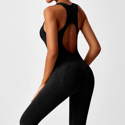 Women's Fashionable Solid Color Round Neck Tight Back Yoga Suit Yoga Jumpsuit Sports Overalls Gym Clothing Set Sexy Yoga Clothes