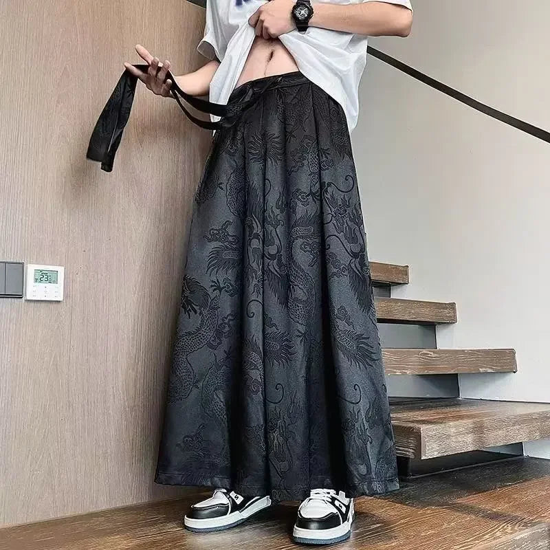 Dragon Pattern Chinese Style Jacquard Ice Silk Cropped Pants Men's Summer Chinese Pants Loose Straight-leg Song Pants Drape