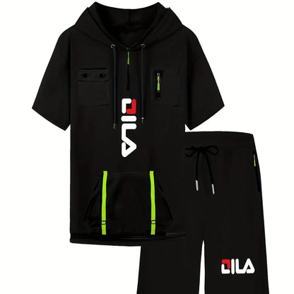 Summer Print Men's 2-piece Set Hooded Streamer Pocket Short Sleeve and Trouble Shorts Comfortable Loose T-Shirt Short Sleeve Set