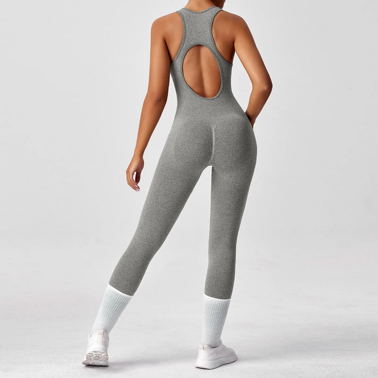 Women's Fashionable Solid Color Round Neck Tight Back Yoga Suit Yoga Jumpsuit Sports Overalls Gym Clothing Set Sexy Yoga Clothes
