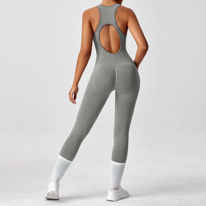 Women's Fashionable Solid Color Round Neck Tight Back Yoga Suit Yoga Jumpsuit Sports Overalls Gym Clothing Set Sexy Yoga Clothes