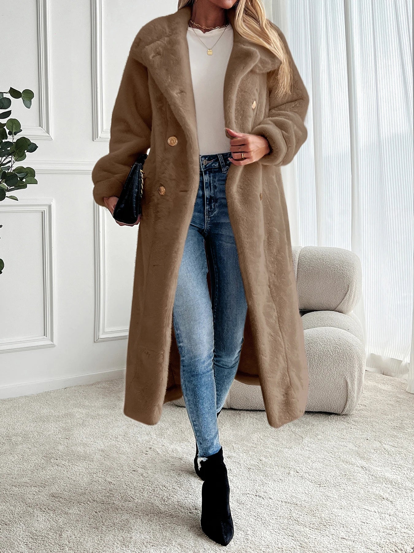 Faux fur coat long coat women's lapel double-breasted loose warm high-end atmospheric coat jacket 24 autumn and winter new