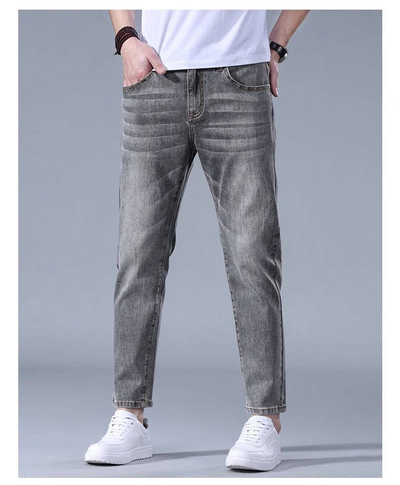 Classic five bag denim Ankle length Slim Fit Small Legs Skinny Men Stretch Jeans Vintage Men's Cropped  9 Points Retro Pants new