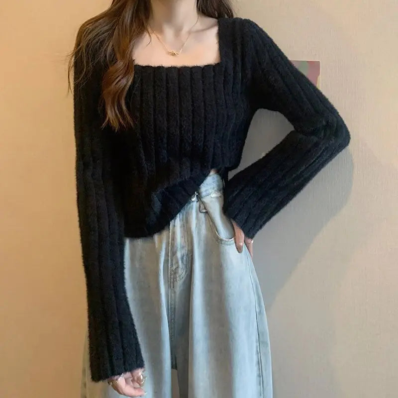 Mink Sweater Women's Autumn and Winter Inner Top French Niche Square Neck Short Soft Sticky Long Sleeves Top Bottom Knit Sweater