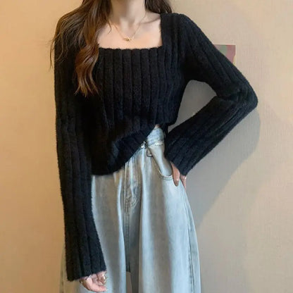 Mink Sweater Women's Autumn and Winter Inner Top French Niche Square Neck Short Soft Sticky Long Sleeves Top Bottom Knit Sweater