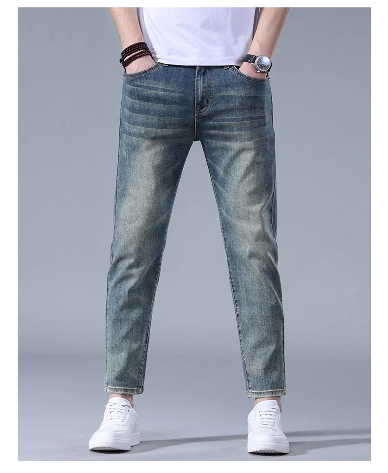 Classic five bag denim Ankle length Slim Fit Small Legs Skinny Men Stretch Jeans Vintage Men's Cropped  9 Points Retro Pants new