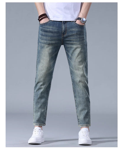 Classic five bag denim Ankle length Slim Fit Small Legs Skinny Men Stretch Jeans Vintage Men's Cropped  9 Points Retro Pants new