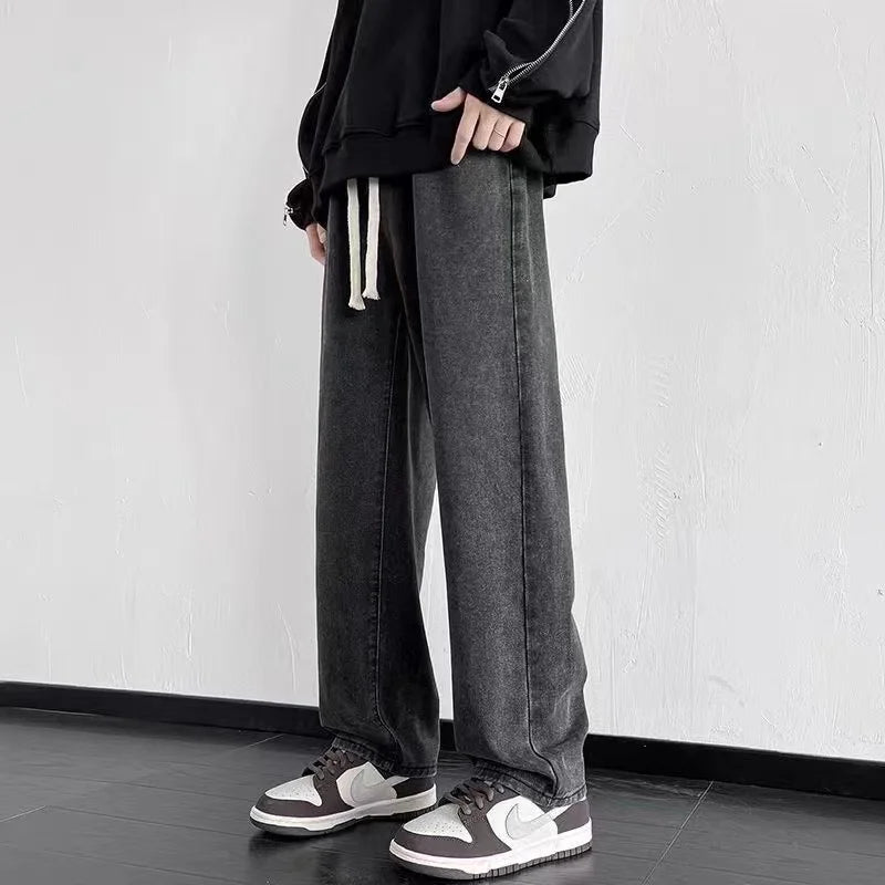 Spring Autumn Men's Jeans Straight Denim Pants Banding Waist Cotton Streetwear Wide Leg Loose Casual Blue Long Jeans Trousers