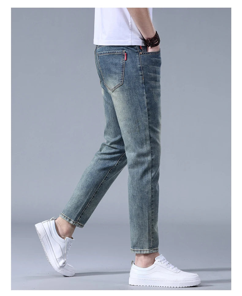 Classic five bag denim Ankle length Slim Fit Small Legs Skinny Men Stretch Jeans Vintage Men's Cropped  9 Points Retro Pants new