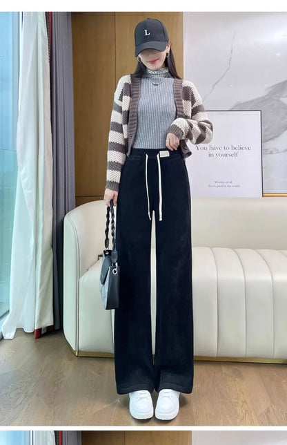 Thickened Corduroy Wide Leg Pants Women's Spring Autumn Fleece Lined Straight Narrow Version Winter Comfortable Trousers