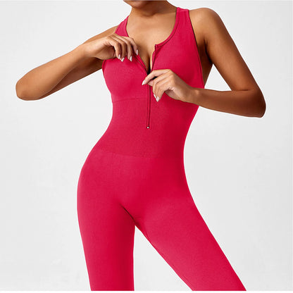 Women's Fashionable Solid Color Round Neck Tight Back Yoga Suit Yoga Jumpsuit Sports Overalls Gym Clothing Set Sexy Yoga Clothes