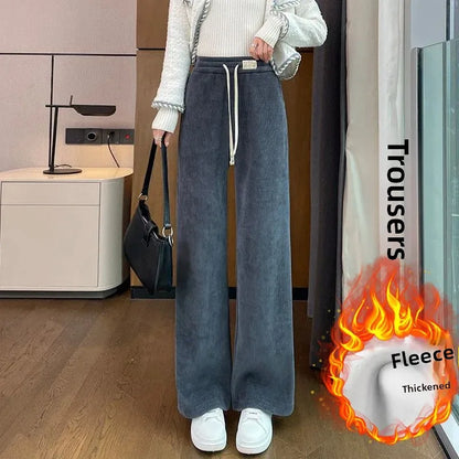 Thickened Corduroy Wide Leg Pants Women's Spring Autumn Fleece Lined Straight Narrow Version Winter Comfortable Trousers