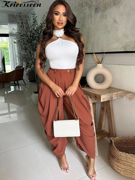 Kricesseen High Street Loose Ruched Irregular Harem Pants Autumn Women Casual High Waist Pleated Trousers Night Club Outfits