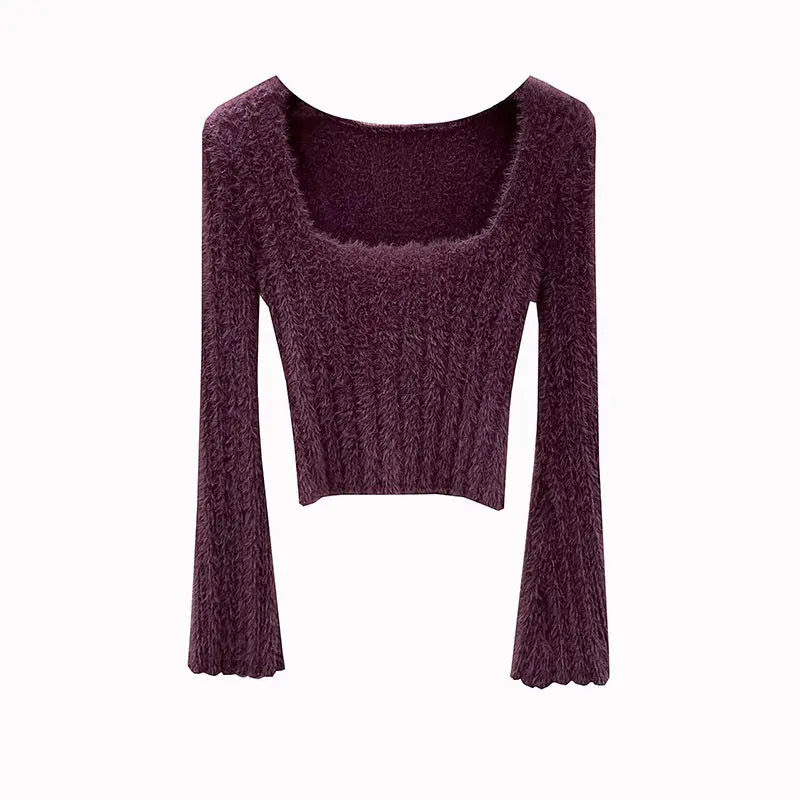 Mink Sweater Women's Autumn and Winter Inner Top French Niche Square Neck Short Soft Sticky Long Sleeves Top Bottom Knit Sweater