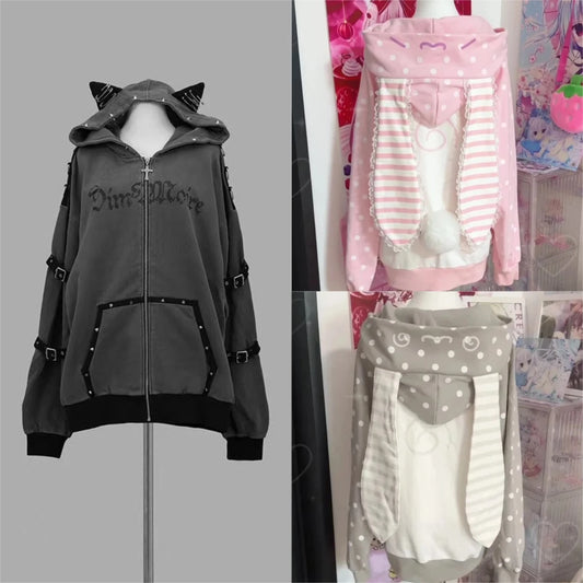 Japanese Kawaii Sweatshirt Long Seleeve Casual Women Subculture Hoodies Rivet Print Coat Cute Sweet Style Chic Women Clothing