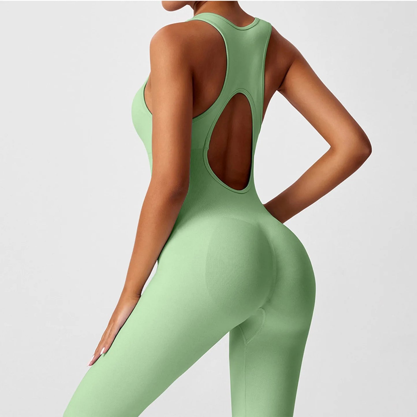 Women's Fashionable Solid Color Round Neck Tight Back Yoga Suit Yoga Jumpsuit Sports Overalls Gym Clothing Set Sexy Yoga Clothes