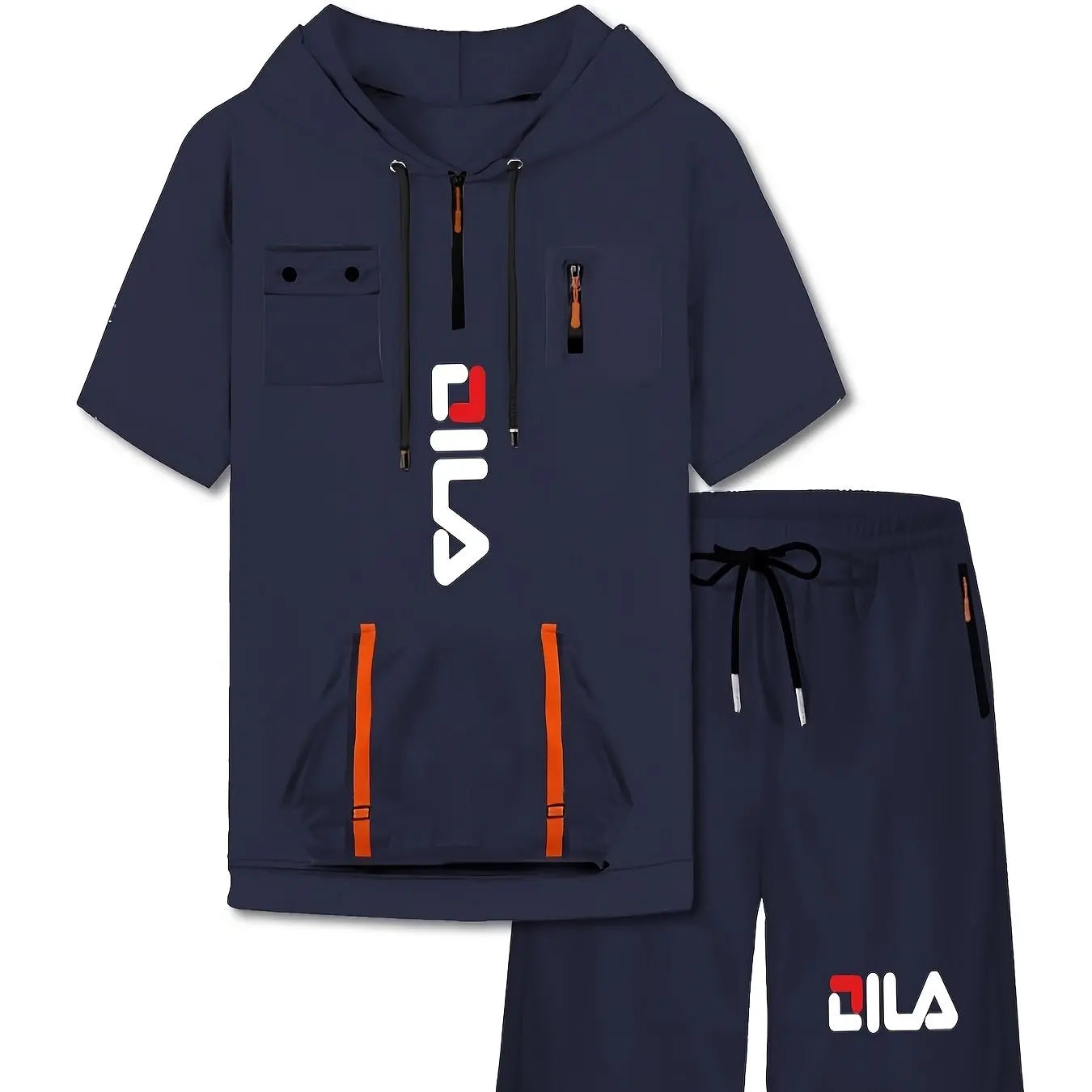 Summer Print Men's 2-piece Set Hooded Streamer Pocket Short Sleeve and Trouble Shorts Comfortable Loose T-Shirt Short Sleeve Set